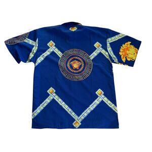 Up Ro's Medusa Head Blue Vintage 90s y2k ButtonUp AOP Mens Large